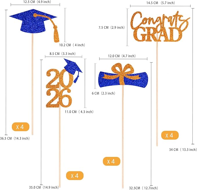 Gexolenu 16 PCS Orange and Blue Double-Sided 2026 Graduation Centerpieces for Tables, 2026 Table Toppers Party Centerpiece Sticks Party Supplies, Graduation Party Decorations Class of 2026, Set of 4