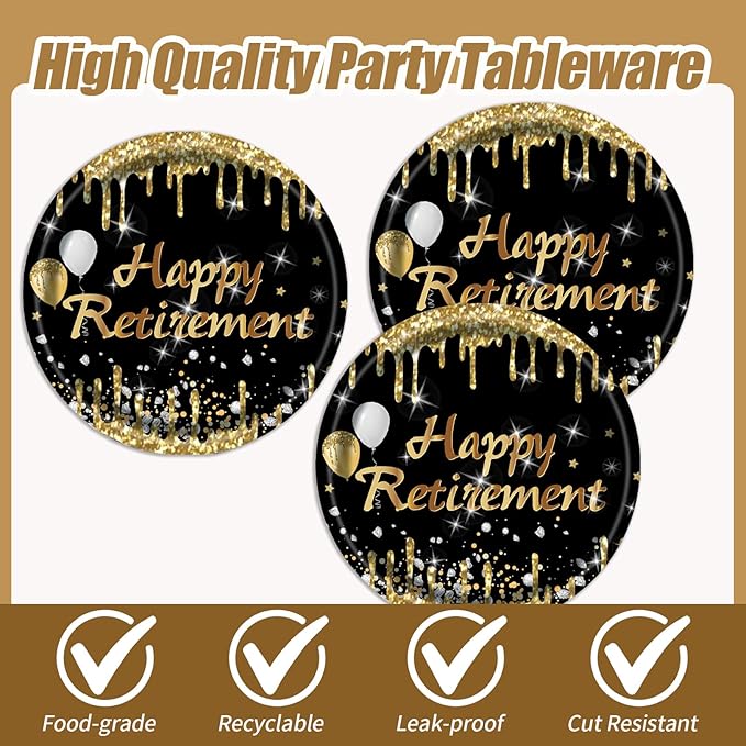40PCS Retirement Party Plates Napkins Set, Black and Gold Happy Retirement Cake Plates Dinnerware 20 Guests Disposable Party Supplies Decoration for Women Men