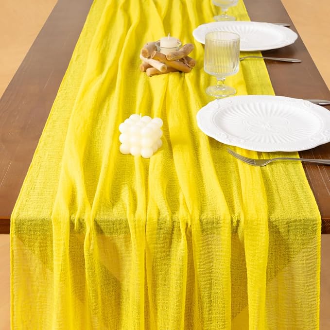 Socomi 3pcs Yellow Cheesecloth Table Runner Easter Spring Gauze 120 Inch Rustic Boho Cheese Cloth Runner for Wedding Party Baby Bridal Shower Centerpiece Decoration Holiday Home Decorations