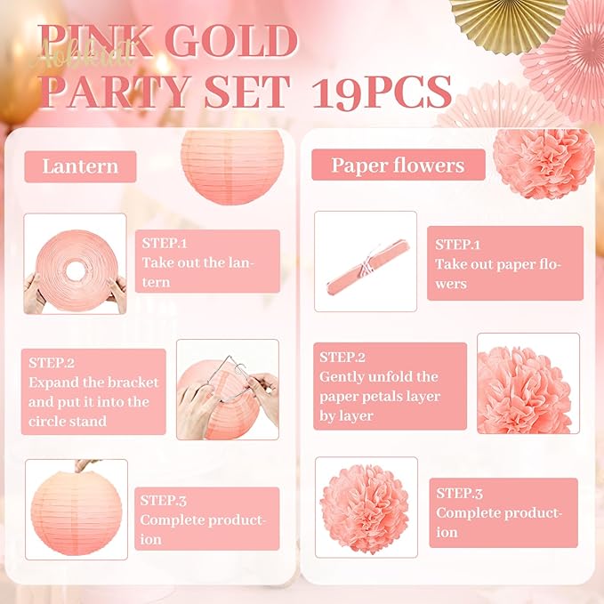 AOBKIAT Pink Birthday Party Decorations Kit-Tissue Paper Pom Poms,Lanterns,Fans Flowers,Star Garlands,Streamers for Girls Women Birthday,Wedding,Bachelorette,Bridal Shower,Baby Shower,Princess Party