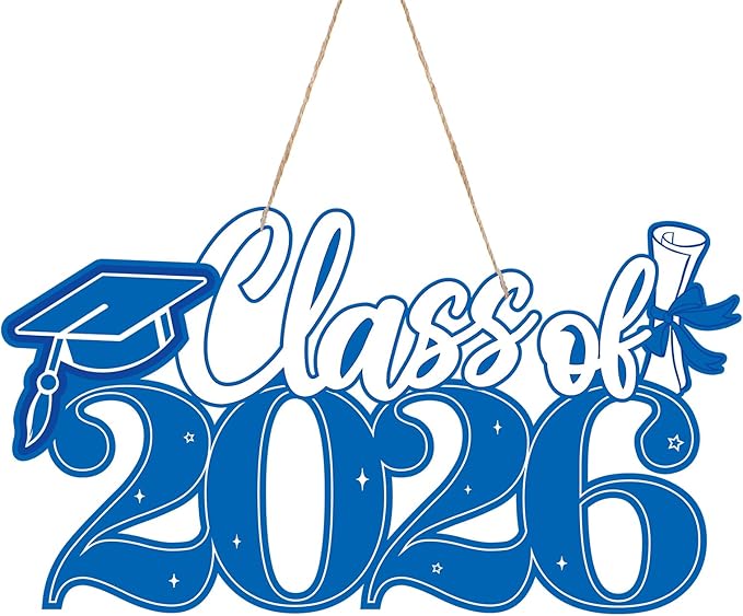 2026 Graduation Signs Decorations, 7 Pcs Class for 2026 Wooden Sign Graduation Party Photo Booth Prop, Wood Cutout High School College Graduation Ceremony Decor Supplies (Blue & White)