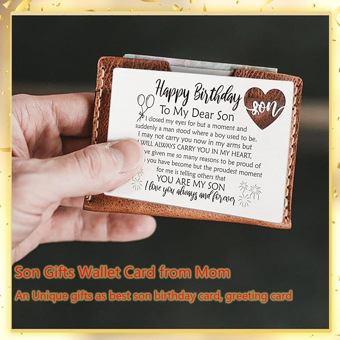 YODOCAMP Happy Birthday Son Gifts from Mom, Metal Engraved Greeting Card for Birthday, Son Wallet Insert Card from Parents