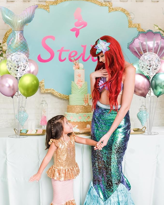 Mermaid Table Decoration Balloon Holder Kit 4 Sets with 2 Shell Foil Balloons and 2 Mermaid Tail Foil Balloons 24 Latex Balloons for MermaidBalloon Centerpiece Stand Birthday Party Decorations