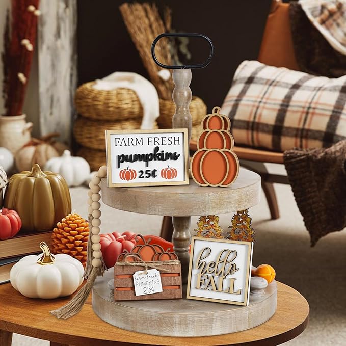 DAZONGE Fall Decor, 5PCS Fall Decorations for Home, Hello Sign, Stacked Pumpkin, Farm Fresh, Pumpkin Crate, Bead Garland, Rustic Tiered Tray Decor