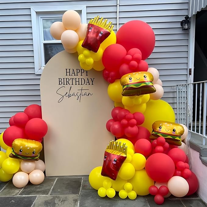 Fast Food Hot Dog Party Decorations 140PCS Red Yellow Balloon Garland Acrh Kit with Hamburger French Fries and Hot Dog Foil Balloon for Junk Fast Food Picnic Themed Birthday Baby Shower Party Supplies