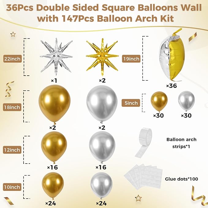 36pcs Gold and Silver Square Foil Balloons Wall Backdrop with 147pcs Balloon Garland Arch Kit, Double Sided Balloons for Birthday Bridal Shower Anniversary New Year Graduation Party Decorations