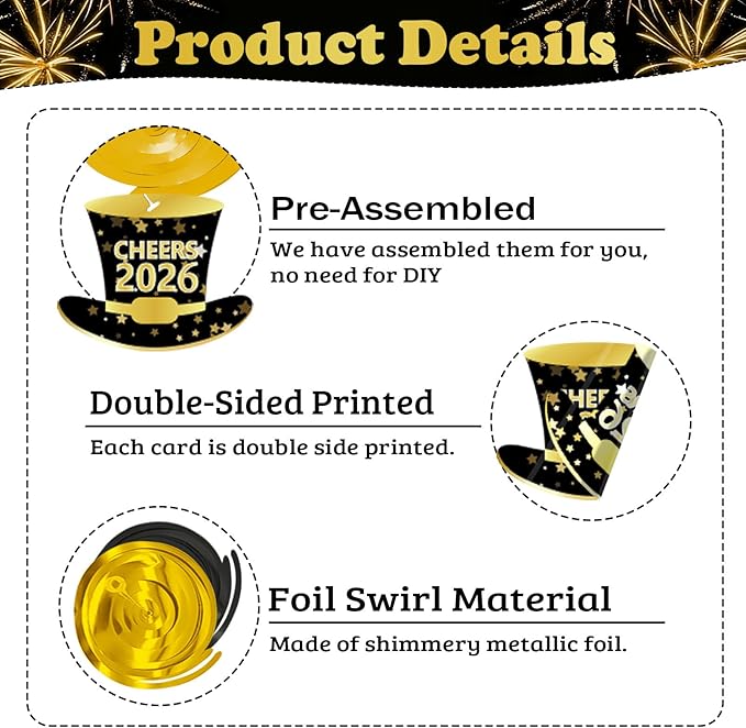 2026 Happy New Year Hanging Swirls, 40Pcs Black and Gold New Years Eve Party Ceiling Swirls Streamer for 2026 New Years Hanging Decorations
