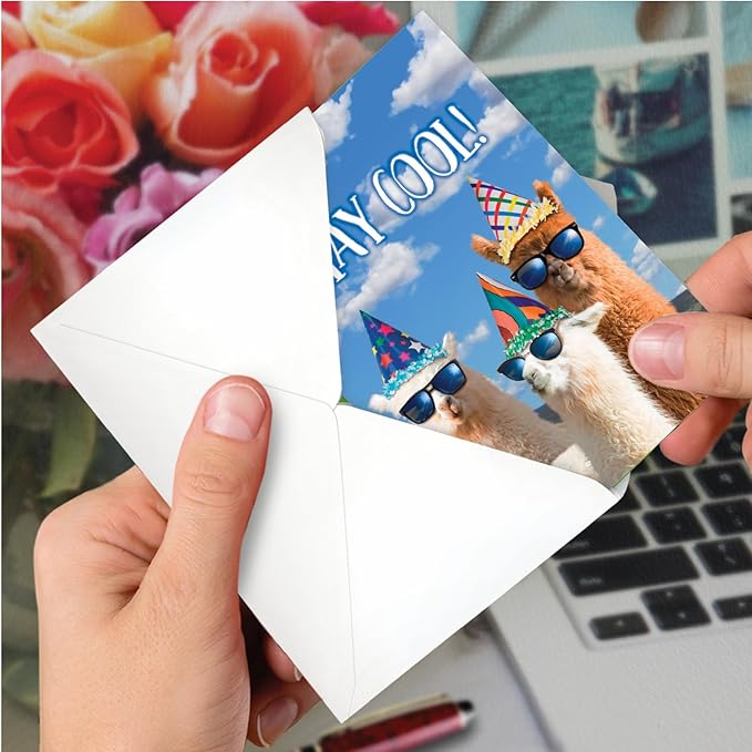NobleWorks - 1 Happy Birthday Card with Funny Animals - Wildlife and Pet Humor, Fun Birthday Celebration Notecard - Cool Llamas C7188BDG