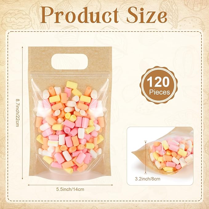 Sinload 120 Pcs Plastic Gift Bag Bulk 5.5 x 8.7 Inch Resealable Party Goodie Bag with Clear Window Color Favor Pouch with Handle for Home Birthday Wedding Party Candy Gift Wrap Supply(Kraft)