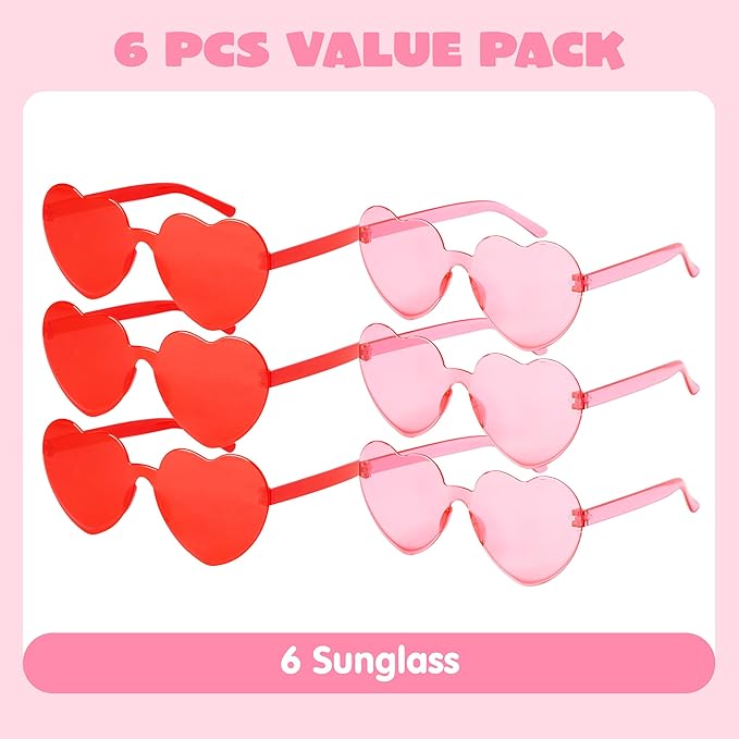 JOYIN 6 Pcs Valentine's Day Heart Shape Glasses, Rimless Sunglasses, Stylish and Safe Eyewear in Red and pink, Party Favor, Rainbow Sunglasses Candy Color Rimless Glasses for Women and Girl