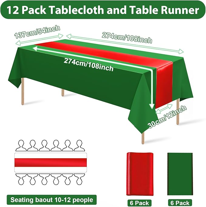 12 Pack 12x108 Inch Satin Table Runner and 84 Inch Rectangle Plastic Tablecloths Set Christmas Green and Red Disposable Table Cloth for New Year Christmas Wedding Holiday Anniversary Party Decorations