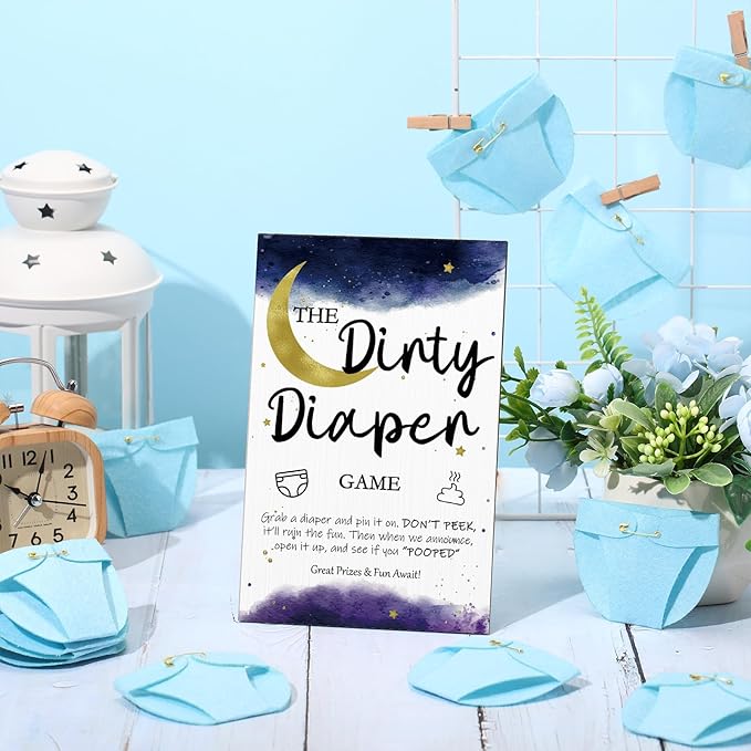 Roowest 51 Pcs Dirty Diaper Baby Shower Games Funny Wooden Sign with 50 Pcs Mini Diapers Cute Felt for Gender Reveal Party Baby Shower(Star Moon)