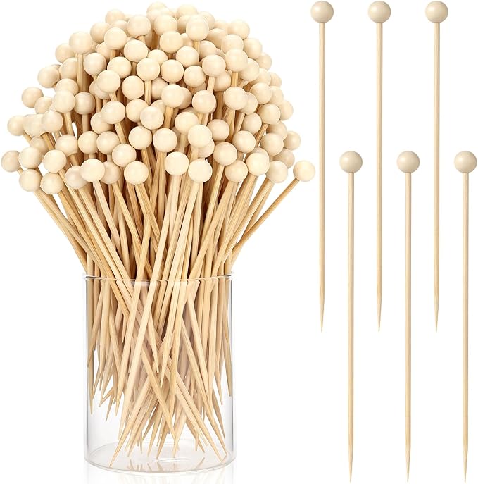 200 Pcs Ball Toothpicks, 5.3 Inch Balls Cocktail Picks for Appetizers, Round Bamboo Toothpicks, Wooden Decorative Toothpicks Skewers for Holiday Birthday Party Decorations (Ball)