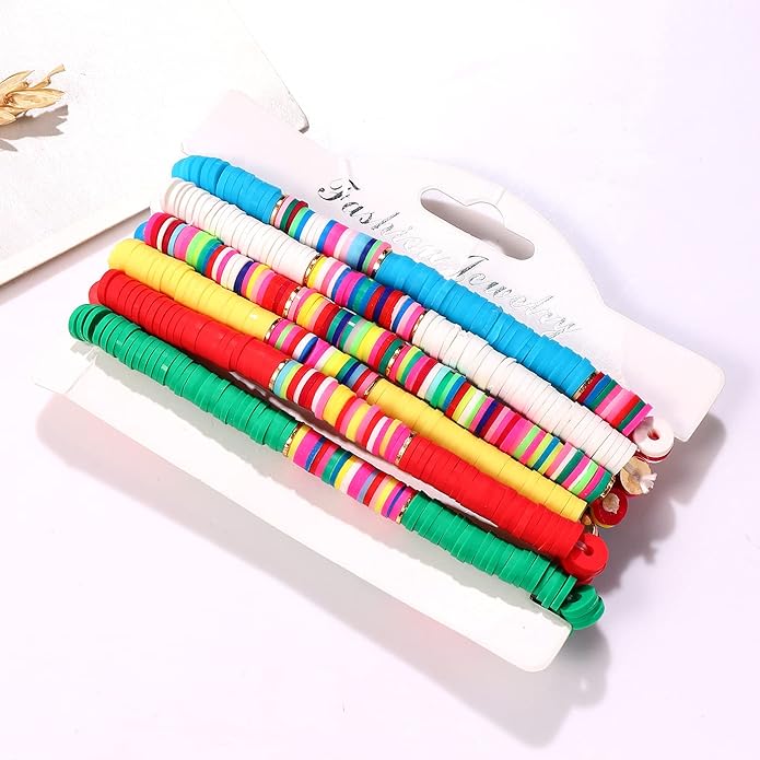 Surfer Heishi Bracelets for Women Stackable Rainbow Vinyl Disc Clay Beaded Stretch Bracelets Elastic Layering Friendship Bracelets Boho Summer Beach Jewelry