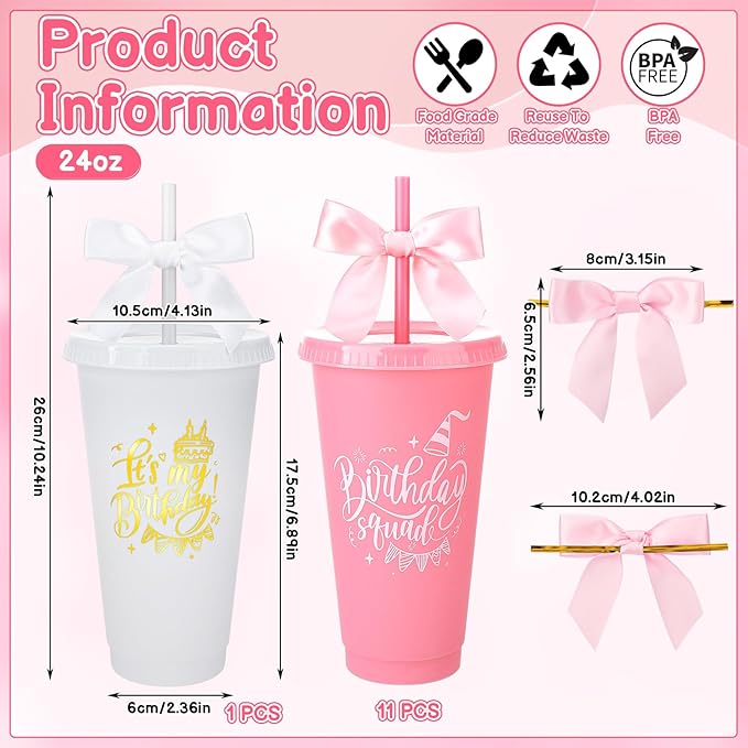 12 Pcs Birthday Party Tumblers, 24 oz Reusable Plastic Cups with Lids and Straws and Bows for Birthday Decorations Party Favor