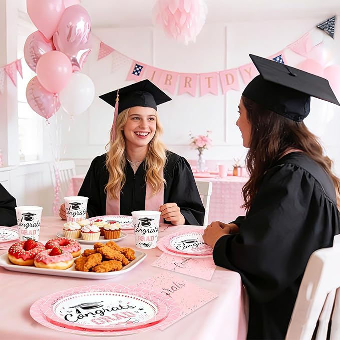 Whaline 175 Pcs Graduation Paper Plates and Napkins Set Dinnerware Pink Congrats Grad Disposable Tableware Cups and Cutlery for 25 Guests Graduates Party Supplies