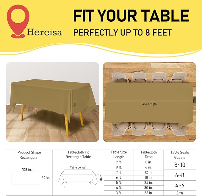 Gold Plastic Tablecloths 2 Pack Solid Disposable Table Covers 54 x 108 Inch Golden PEVA Table Cloths for BBQ Picnic Birthday Wedding Banquet Parties 8 ft Rectangle Table Use