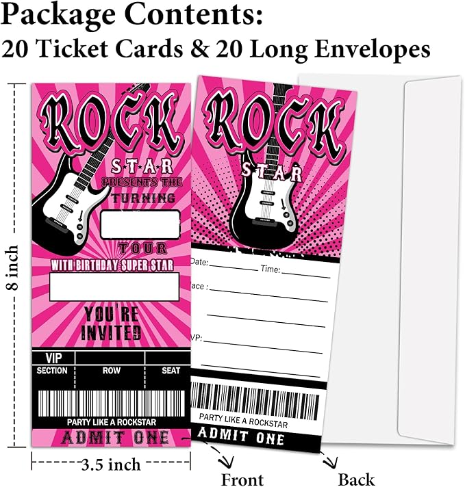 Rockstar Birthday Invitation Ticket, Rock Star Birthday Invitation for Teen Adult, 20 Pop Star Ticket With Envelopes, 3.5 x 8" Double-Sided Fill In Birthday Party Personalized Invites Cards - Pink