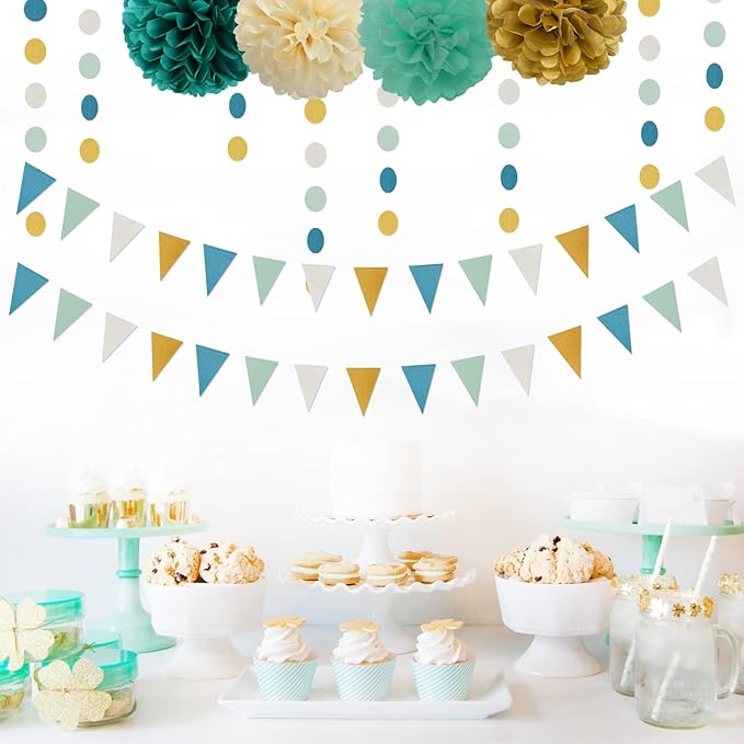Teal-Blue Mint Ivory-Gold Party-Decorations Banner,2 Pack Glitter Paper Triangle Pennant Flags Streamers,Birthday Wedding Engagement Bridal Baby Shower Bachelorette Decor Bunting Lasting Surprise