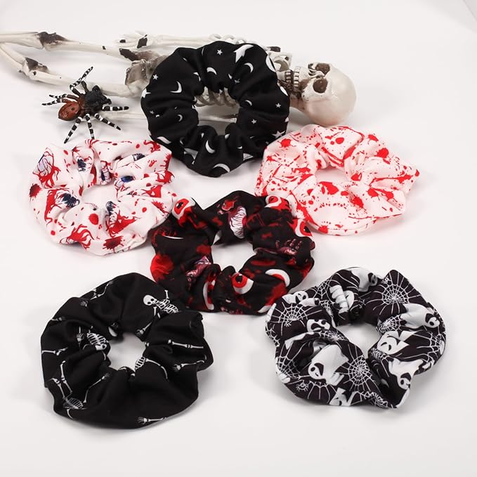 12PCS Halloween Blood Hair Scrunchies Spooky Horror Eyeball Skull Skeleton Moon Star Ghost Hair Ties for Women Girls Ladies Party Gifts