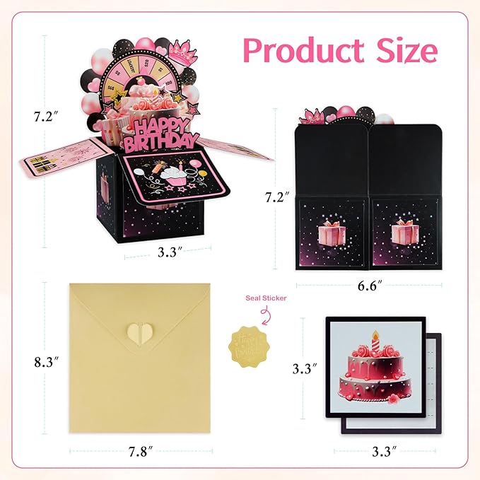 FaCraft Pop Up Birthday Card for Girl - 3D Handmade Spinning Wheel Design with Envelope & Blank Insert, Pink Interactive Happy Birthday Greeting Card for Daughter, Teens & Loved Ones
