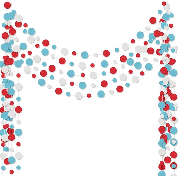 Outus 5 Pieces Colorful Dots Paper Garland Easter Decor Round Glitter Hanging Confetti Streamers Backdrop for Spring Birthday Classroom Halloween Trunk or Treat Car Decoration (Light Blue,White,Red)