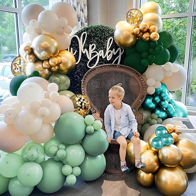 Green Gold White Balloon Arch Kit, 147PCS Dark Green Ivory Gold Metallic Pastel Green Balloons Garland for Birthday Wedding Baby Bridal Shower Party Decorations