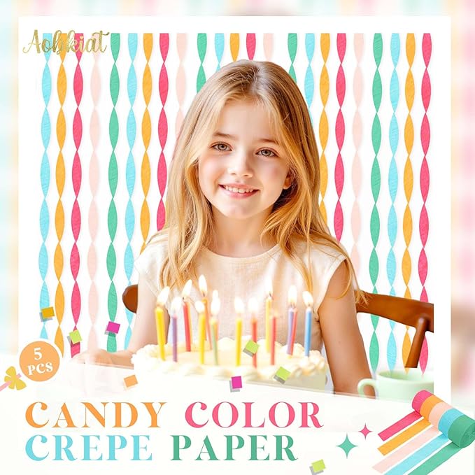 AOBKIAT 5 Rolls Rainbow Party Streamers Crepe Paper,Candyland Party Decorations for Christmas,Birthday,Wedding,Bachelorette,Bridal/Baby Shower,Hanging Candyland Backdrop Decoration