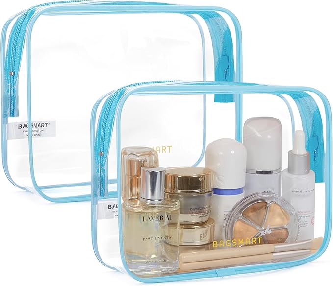 BAGSMART Clear Toiletry Bag, 2 Pack TSA Approved Travel Toiletry bag Carry on Travel Accessories Bag Airport Airline Quart Size Bags Water Repellent Makeup Cosmetic Bag for Women (Blue-2Pcs)