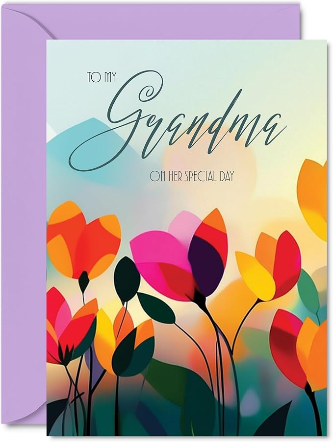 Grandma Birthday Card - Vibrant Summer Flowers - Vivid Happy Birthday Card for Grandma from Granddaughter Grandson, 5x7 Inch Female Floral Bday Golden Greeting Cards