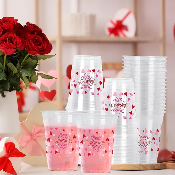Gatherfun Valentine's Party Supplies - Romantic 60 Pcs 12oz Love-Themed Plastic Cups for Charming Decorations, Perfect for Valentines