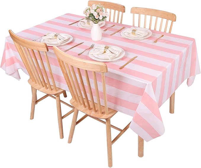 Kesfey 3 Packs Pink and White Vertical Striped Tablecloth 54 x 108 Inch Pink Stripe Table Cloths Disposable Plastic Stripe Table Covers Waterproof Pink Striped Picnic Table Cover for Birthday Party