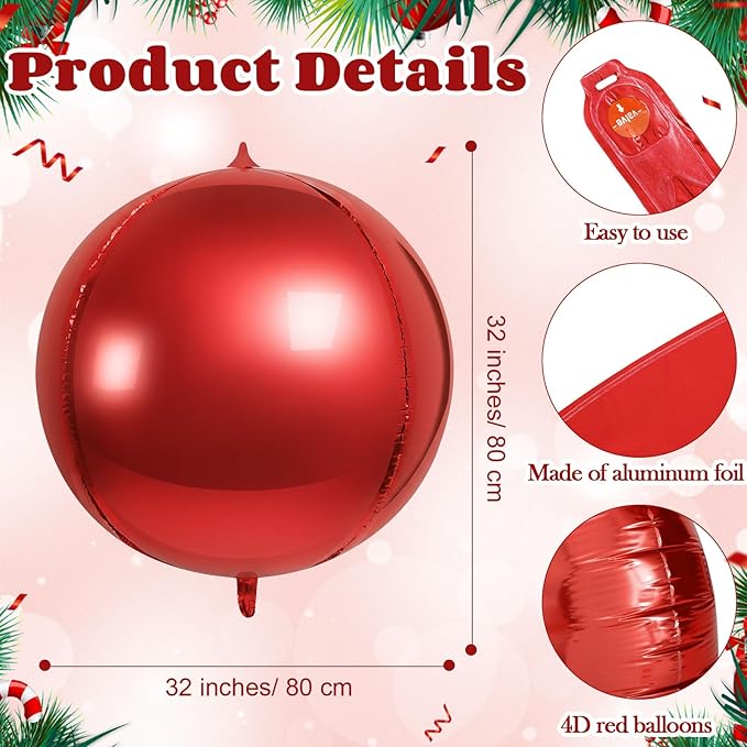 3 Pcs 32 Inch 4d Round Ball Balloons Holographic Balloons for Spring, Foil Rainbow Decor for Under The Sea Mermaid Groovy Party, Stage, Valentines Day, Wedding, Birthday Party(Red)