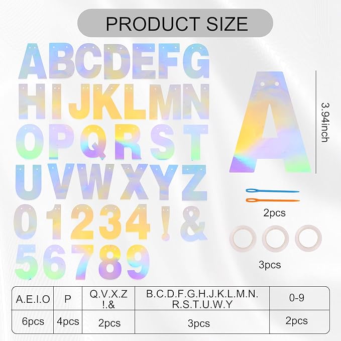 BEISHIDA 116 PCS A-Z DIY Letter Banner Kit Make Your Own Banner Glitter Laser Silver Including 111 Letters and Numbers 3 Rope and 2 Threading Device,Customized for Birthday Graduation Party Decor