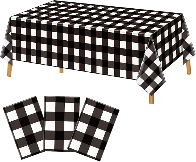Hxezoc 3 Pack Buffalo Plaid Plastic Tablecloth, 54 x 108 Inch Black and White Checkered Disposable Winter Table Cover for Birthday Party Decorations Outdoor Indoor Party Supplies