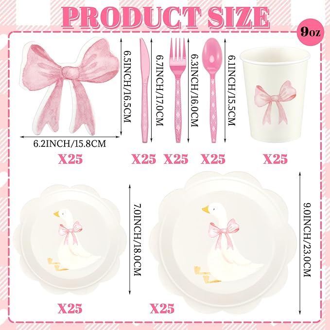 One Silly Goose Birthday Party Tableware Set for 25 Guest Disposable Plates Cups Bow Napkins Fork Knife Spoon Silly Goose Baby Shower Party Favors Birthday Decorations(175,Pink)