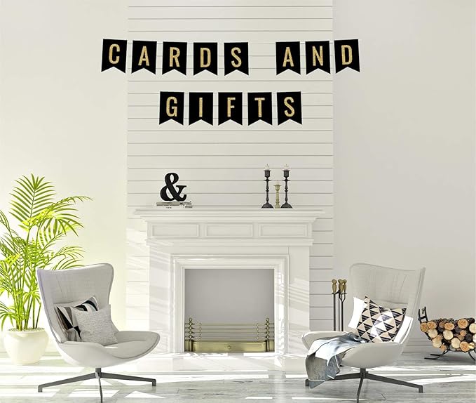 Andaz Press Faux Gold Glitter on Black Party Banner Decorations, Cards and Gifts, Approx 5-Feet, 1-Set, Birthday Wedding Baby Shower Colored Hanging Pennant Decor