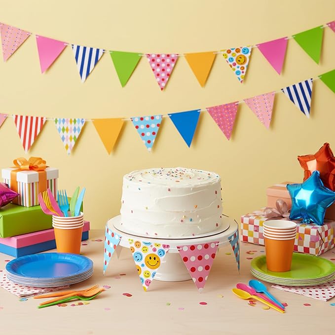 Colorful Paper Flag Banner, 24 Pcs Triangle Banner Birthday Garland with 32.8ft Ribbon, Smiley Face Pennant Flags for Kids Party, Nursery, Preschool Classroom Wall Decorations