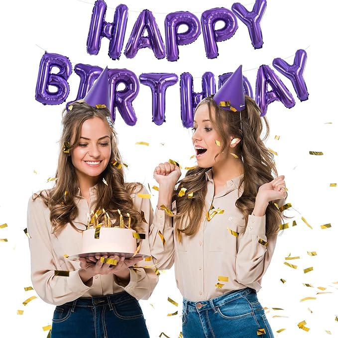 TONIFUL Purple Happy Birthday Balloons Banner 16 Inch Mylar Foil Letters Birthday Sign Banner Bunting Reusable for Girls Boys Kids & Adults Birthday Decorations and Halloween Party Supplies