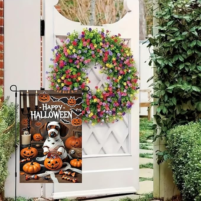 Halloween Garden Flag Dachshund Dog Mummy Pumpkin 12x18 Inch Double SidedOutdoor Yard Banner for Trick or Treat Haunted House Spooky Halloween Decoration Decor