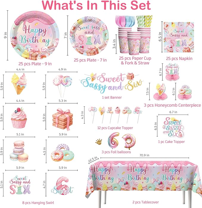 180pcs Sweet Sassy and Six Birthday Decorations with Tableware Set, Banner, Hanging, Tablecloth, Cake Topper, Centerpieces, Balloon, for 6 Year Old Girl Birthday Decorations, Serves 25