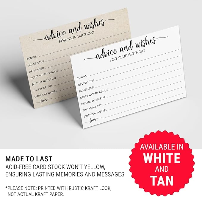 321Done Birthday Wishes and Advice (50) 4x6" White Cards - Good Advice, Best Wishes, Memories Cards - Bday Party Idea Activity - Sweet 16, 30th, 40th, 50th - Fun Ad Lib Prompts - Made in USA