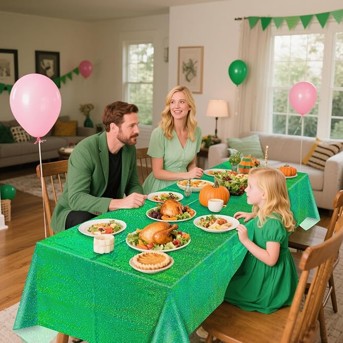 4Pcs Green Holographic Tablecloths Rectangular Green Iridescent Tablecloth Shimmer Metallic Table Covers for St. Patrick's Day Birthday Christmas Witch Theme Party, 54x108Inch