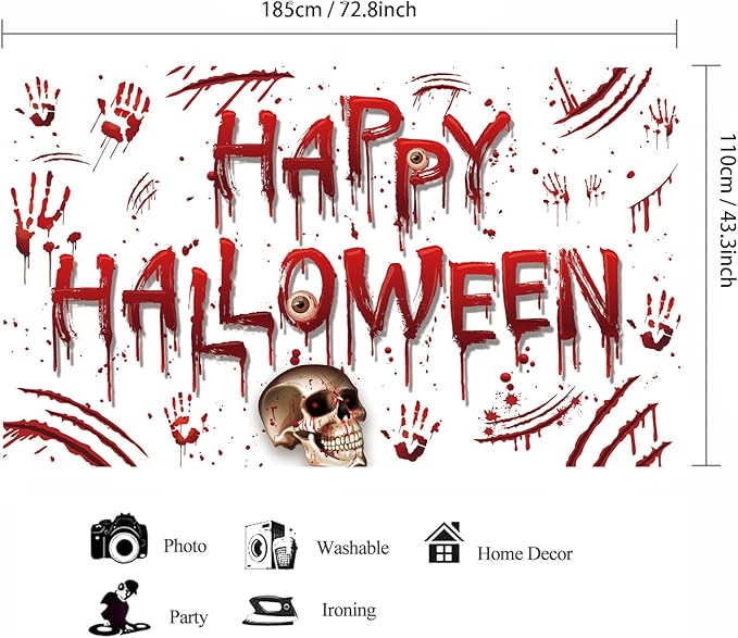 Red Happy Halloween Backdrop Banner Photography Background for Home Garden Outdoor Wall Terror Thriller Scary Themed Halloween Party Decorations Supplies 72.8 * 43.3in