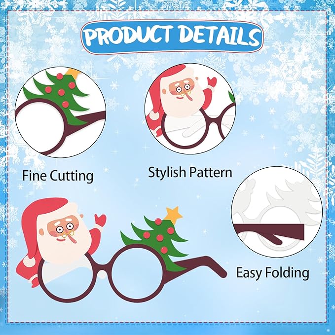12PCS Christmas Glasses, Funny Christmas Party Paper Glasses Photo Booth Props Holiday Eyeglasses Frames for Xmas Party Supplies Decorations