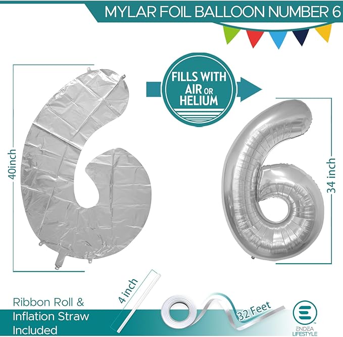 40 Inch Large Silver Number Celebration and Decoration Balloon for Birthday Parties, Graduations, Anniversaries, Weddings, Photo Shoots, Special Events - Helium Foil (Silver Number 6)