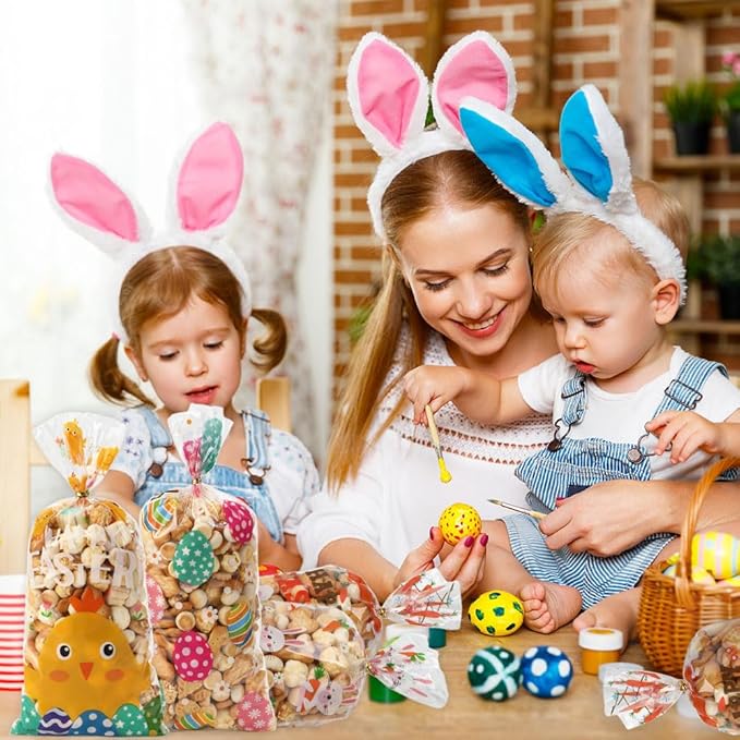 100 PCS Easter Cellophane Bags(5x11 Inch) with Ties for Candy Goodie Treat Snack Goody Cookie Small Gifts Wrap Plastic Ziplock Bag Baggies Pouch Easter Party Favors Supplies Decorations Table Decor