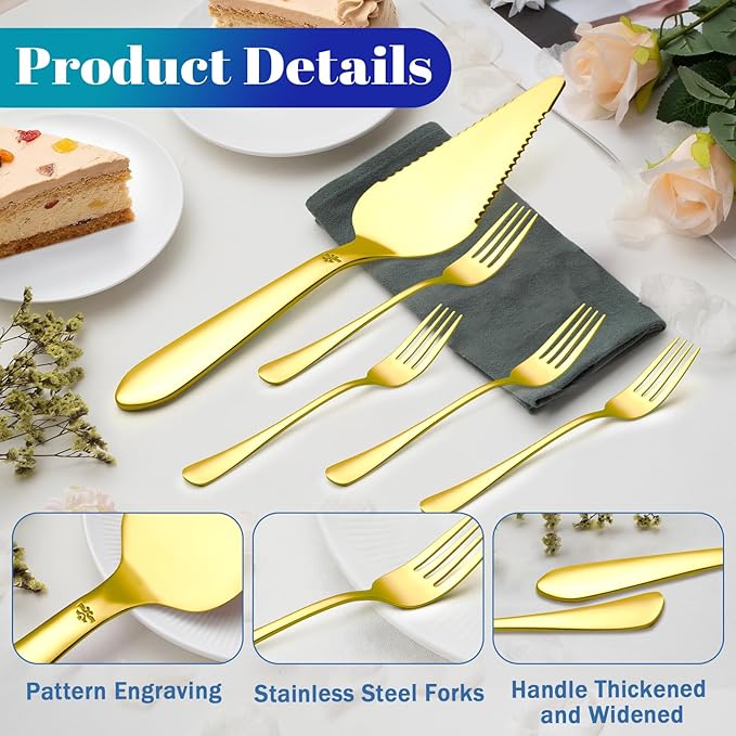 1 Pcs Cake Pie Server and 4 Forks Set for Wedding, Elegant Pizza Slicer Server Set with Stainless Steel Big Serrated Edges, Cake Cutter Pie Spatula for Birthday Anniversary, Gold