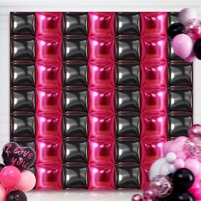 50PCS Hot Pink and Black Square Foil Balloon Wall, 19'' Reusable DIY Mylar Double Side Balloons Garland Tunnel Arch Kit for Anniversary Baby Shower Bachelorette Birthday Engagement Bridal Decor