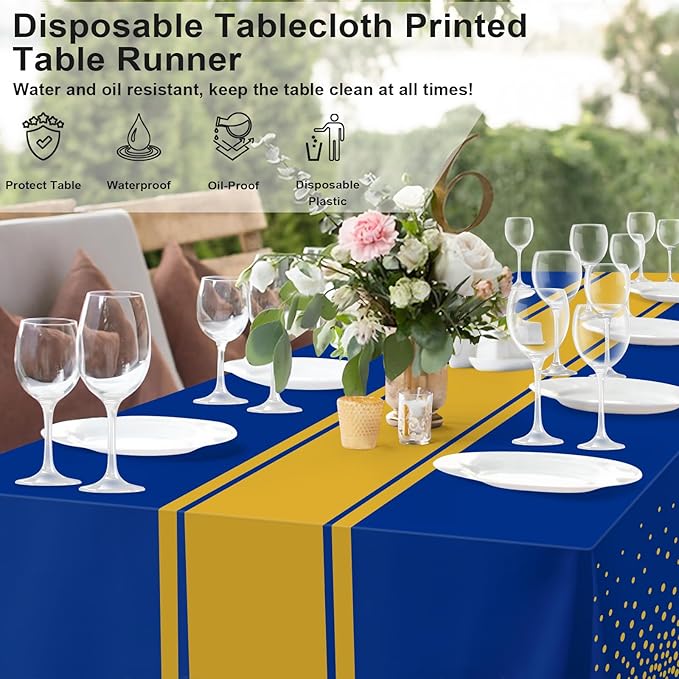 4 Pack Blue and Gold Tablecloth Party Decorations Plastic Blue Tablecloth Printed Gold Table Runner 54 x108 Inch Disposable Rectangle Table Cover for Birthday Wedding Graduation Anniversary